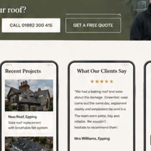 Green Teck Roofing mobile-first responsive website screens showing homepage, process and quote form for Essex and Hertfordshire roofing company Green Teck Roofing mobile-first responsive website screens showing homepage, process and quote form for Essex and Hertfordshire roofing company