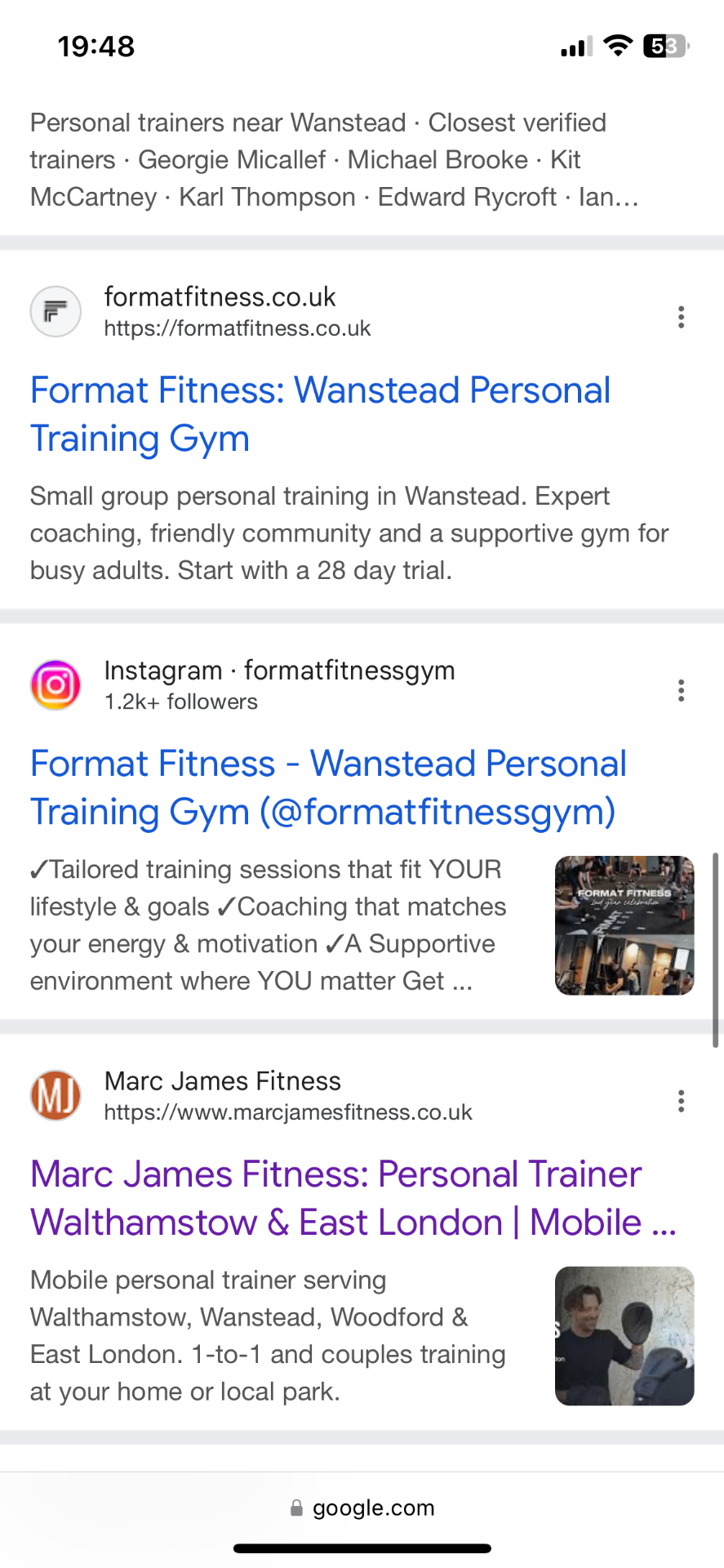 Marc James Fitness ranking on page one of Google search results for personal trainer Walthamstow with MJ favicon and meta description Marc James Fitness ranking on page one of Google search results for personal trainer Walthamstow with MJ favicon and meta description