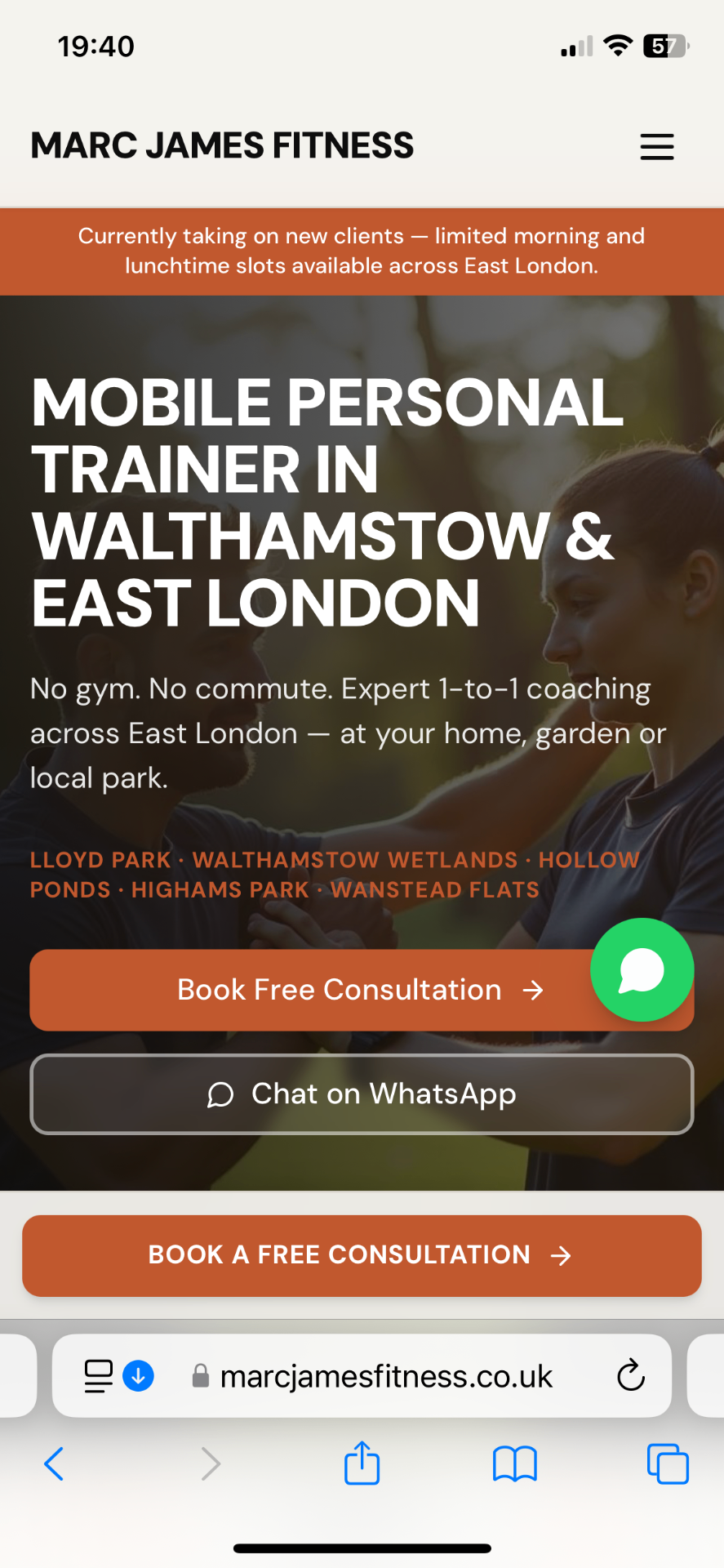 Marc James Fitness homepage hero — mobile personal trainer in Walthamstow and East London, outdoor training photo, rust urgency banner and booking CTAs Marc James Fitness homepage hero — mobile personal trainer in Walthamstow and East London, outdoor training photo, rust urgency banner and booking CTAs