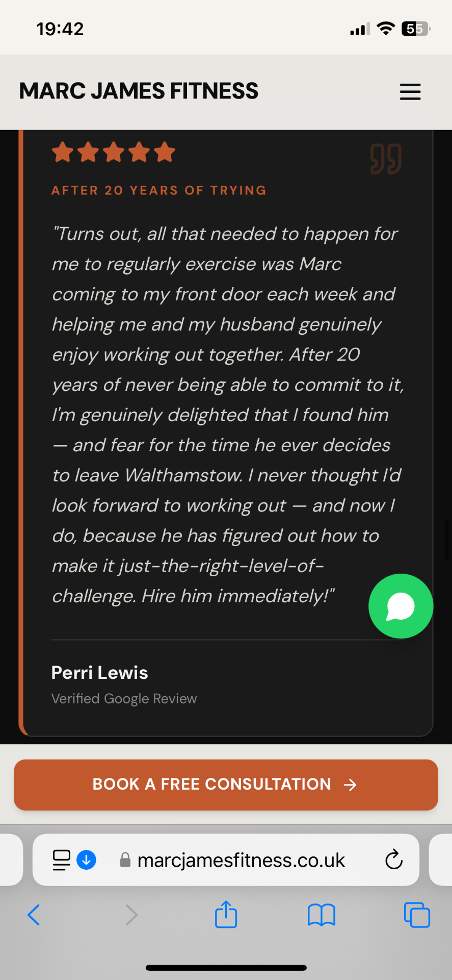 Marc James Fitness verified five-star Google review from Perri Lewis — After 20 years of trying — couples personal training in Walthamstow Marc James Fitness verified five-star Google review from Perri Lewis — After 20 years of trying — couples personal training in Walthamstow
