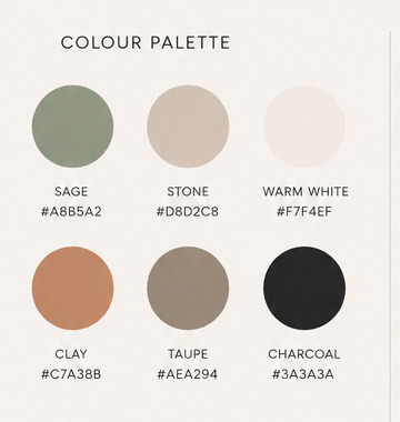 Nicola Davis Therapy brand colour palette showing sage green, stone, warm white, clay, taupe and charcoal tones designed by Marc Grover Nicola Davis Therapy brand colour palette showing sage green, stone, warm white, clay, taupe and charcoal tones designed by Marc Grover